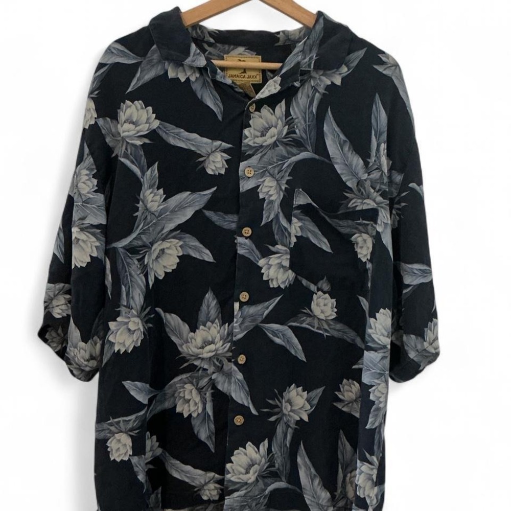 Jamaica Jaxx Silk Floral Shirt Mens Large Navy Blue Camp Collar